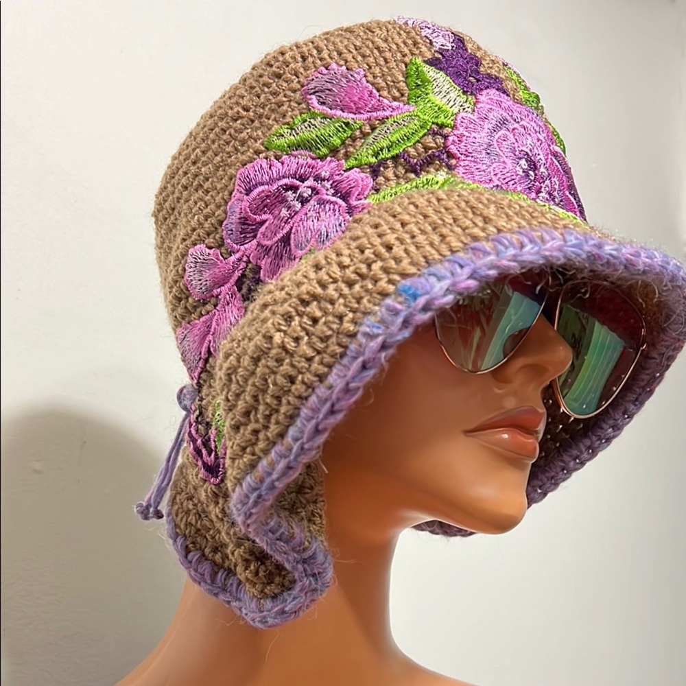Chic Floral Embroidered Crochet Hat In Cafe Latte/Brown And Purple View 4